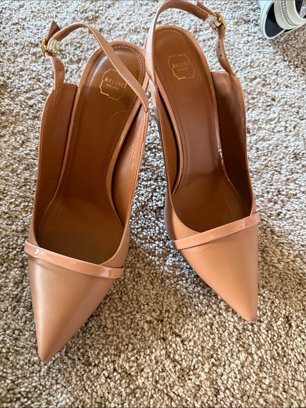Malone Souliers Nude Pink Leather Pointed Slingback Pumps